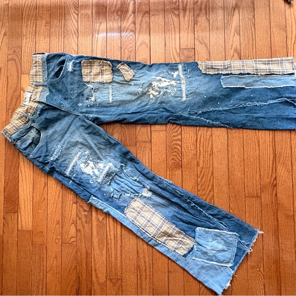 Free People Blue Distressed Patchwork Jeans with Plaid Accents - Picture 9 of 9